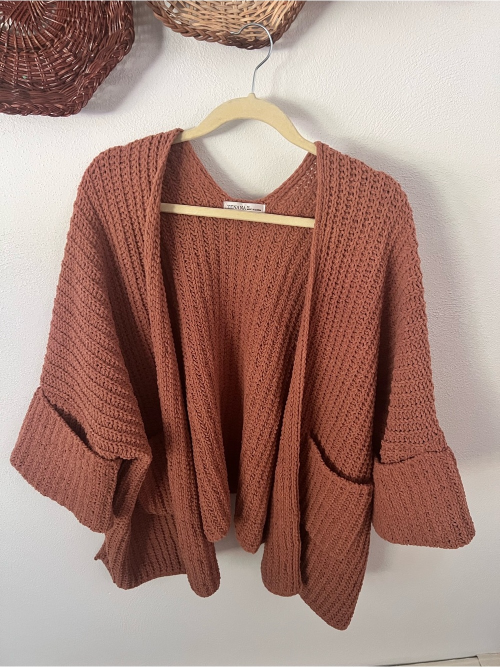 Zenana Outfitters Open-Front Chunky Knit Cardigan in Rust